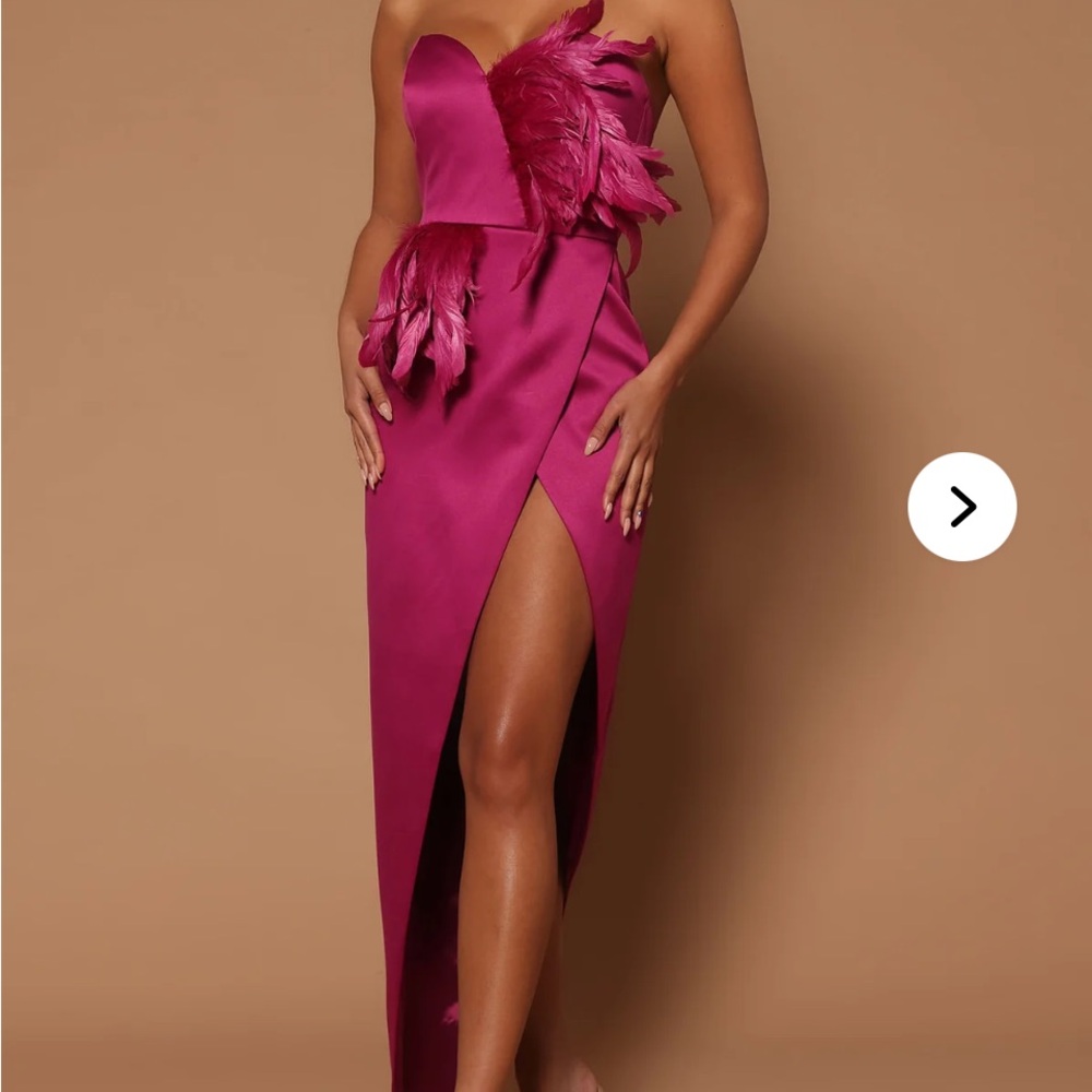 Fashion Nova Luxe Jacqueline Asymmetrical Gown Feather Pink Fuchsia NEW